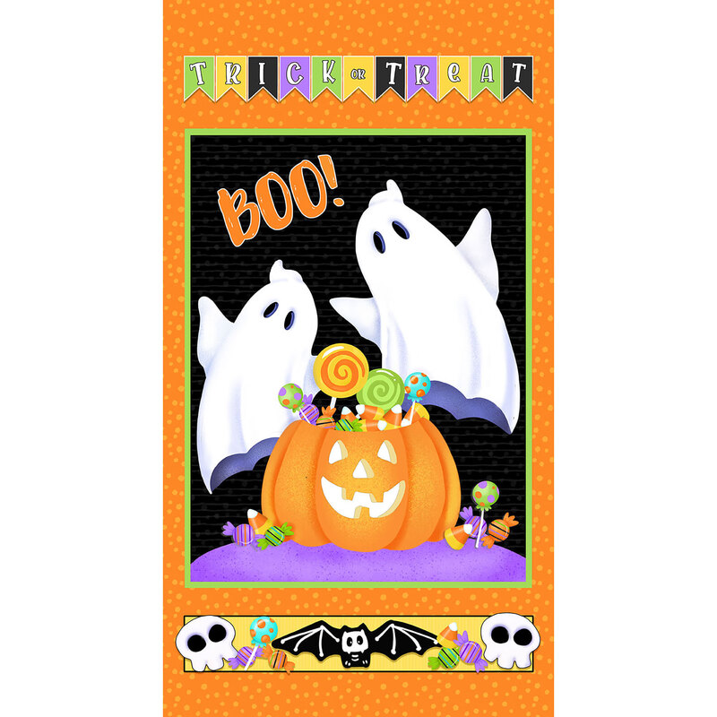Fabric panel features Trick or Treat border and ghosts with candy | Shabby Fabrics