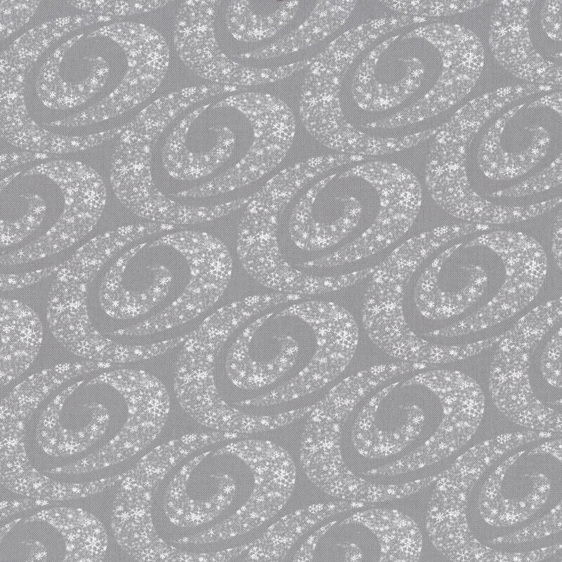 White swirls with snowflakes on a gray background