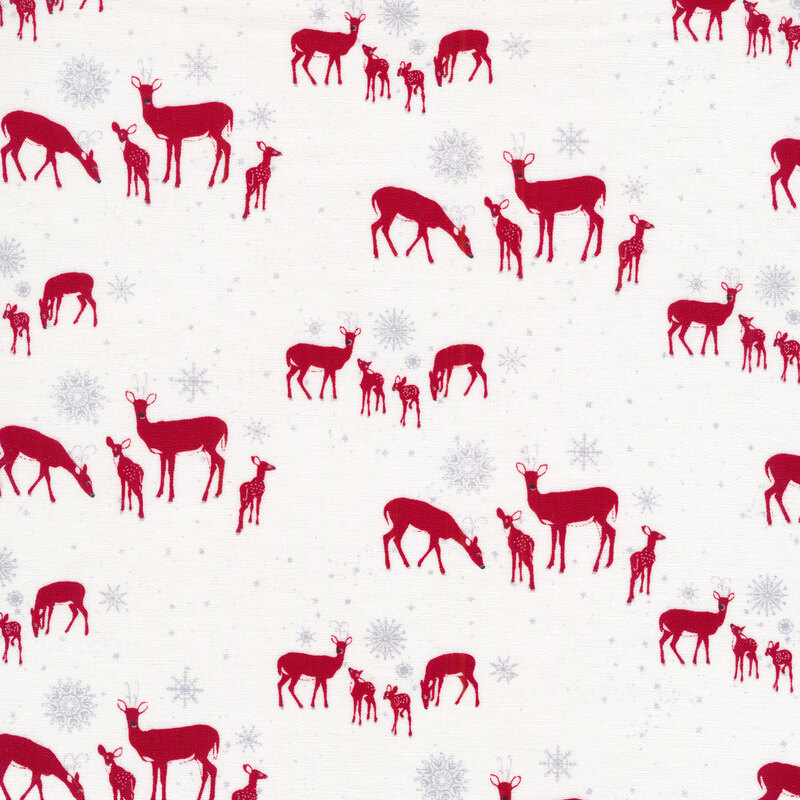 Red deer families and gray snowflakes on a white background