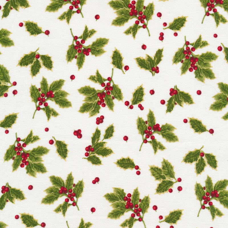 Tossed holly leaves all over cream | Shabby Fabrics