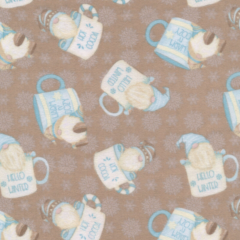 Tossed gnomes in cocoa cups on a brown background with small white snowflakes