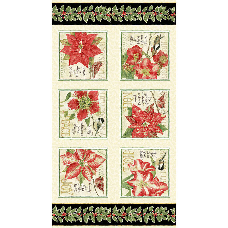Holiday panel with poinsettias, birds, and holiday motifs | Shabby Fabrics