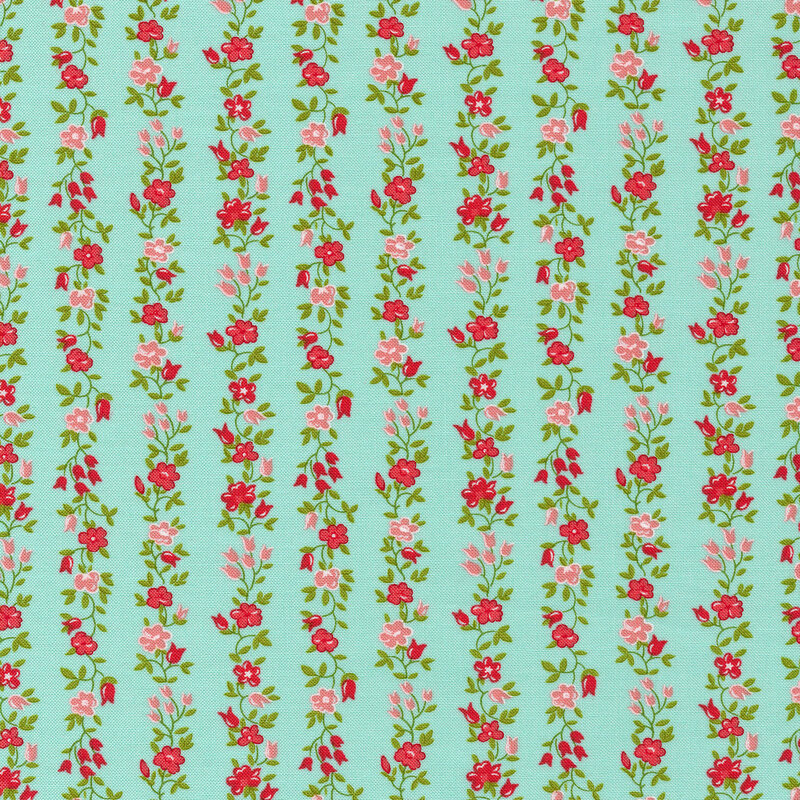 Pink and red flowers on a stripe on aqua | Shabby Fabrics