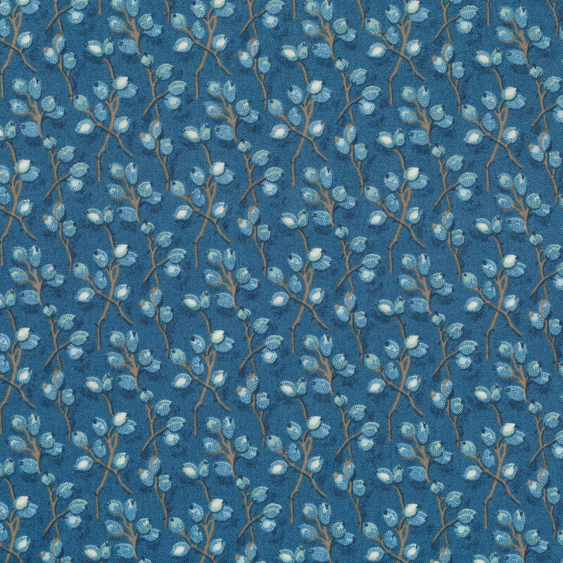 Blue flower bulbs with brown stems on a blue background