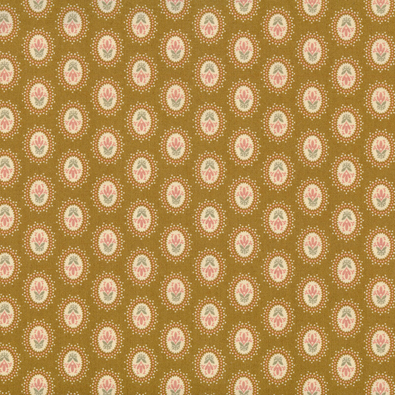 White floral medallions on a mustard yellow background