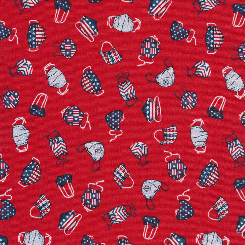 Red fabric features tossed patriotic designed face masks | Shabby Fabrics
