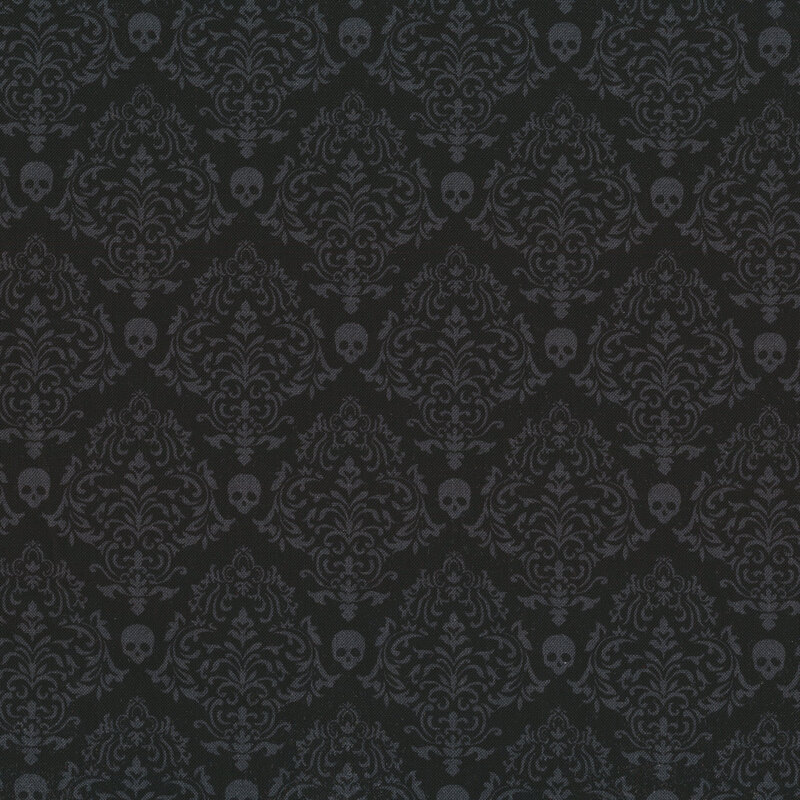 Tonal black damask with skulls | Shabby Fabrics
