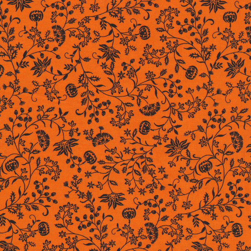 Black Jacobean with pumpkins all over orange | Shabby Fabrics