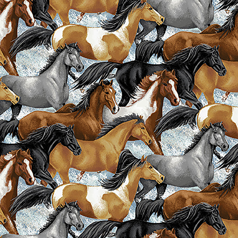 Different breeds of horses all over a mottled background | Shabby Fabrics