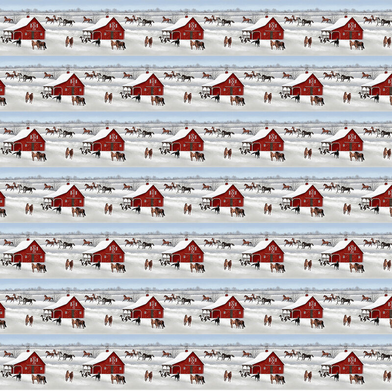 Border stripe of horses near a big red barn | Shabby Fabrics