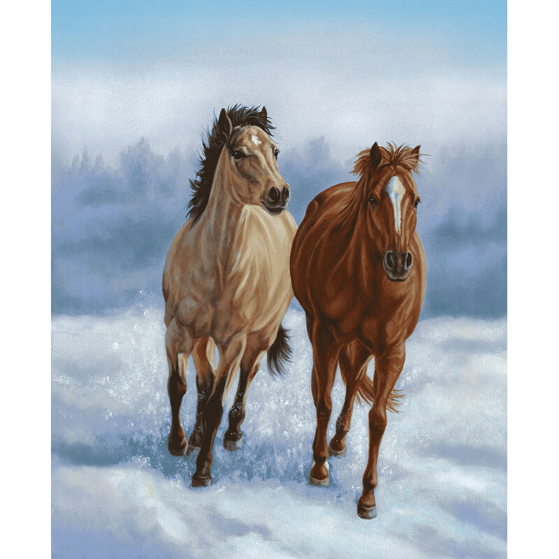 Two horses trotting side by side in the snow | Shabby Fabrics
