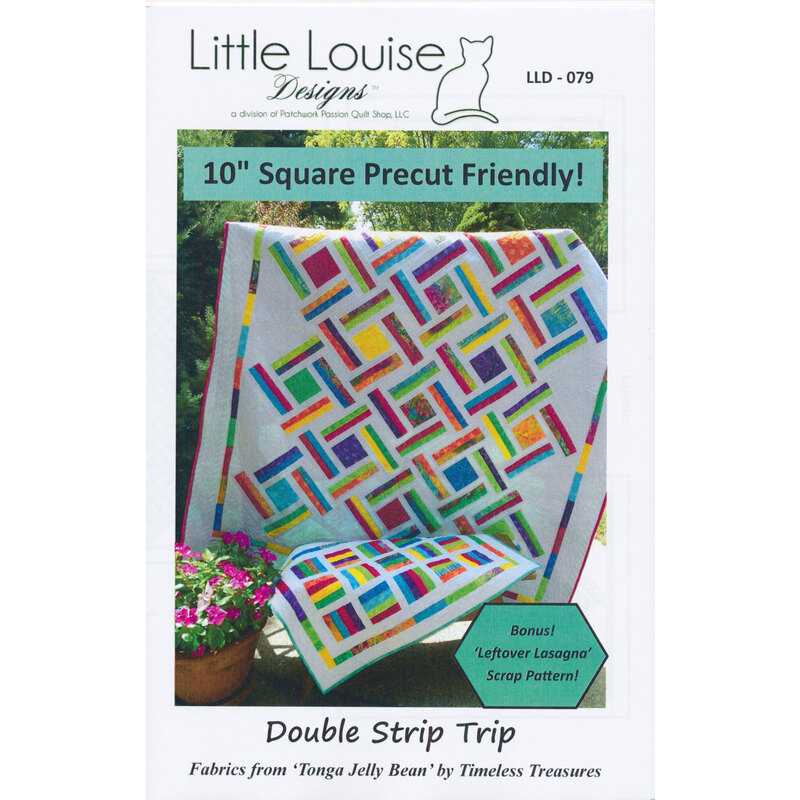 The front of the Double Strip Trip pattern showing the finished quilt