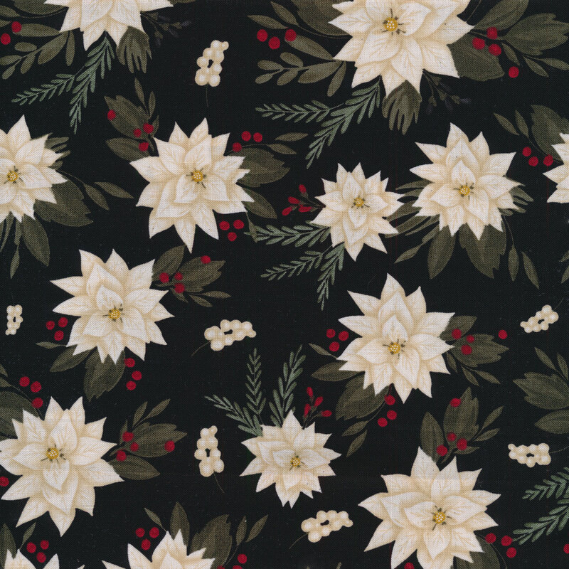 Black fabric features white poinsettias and red berries | Shabby Fabrics