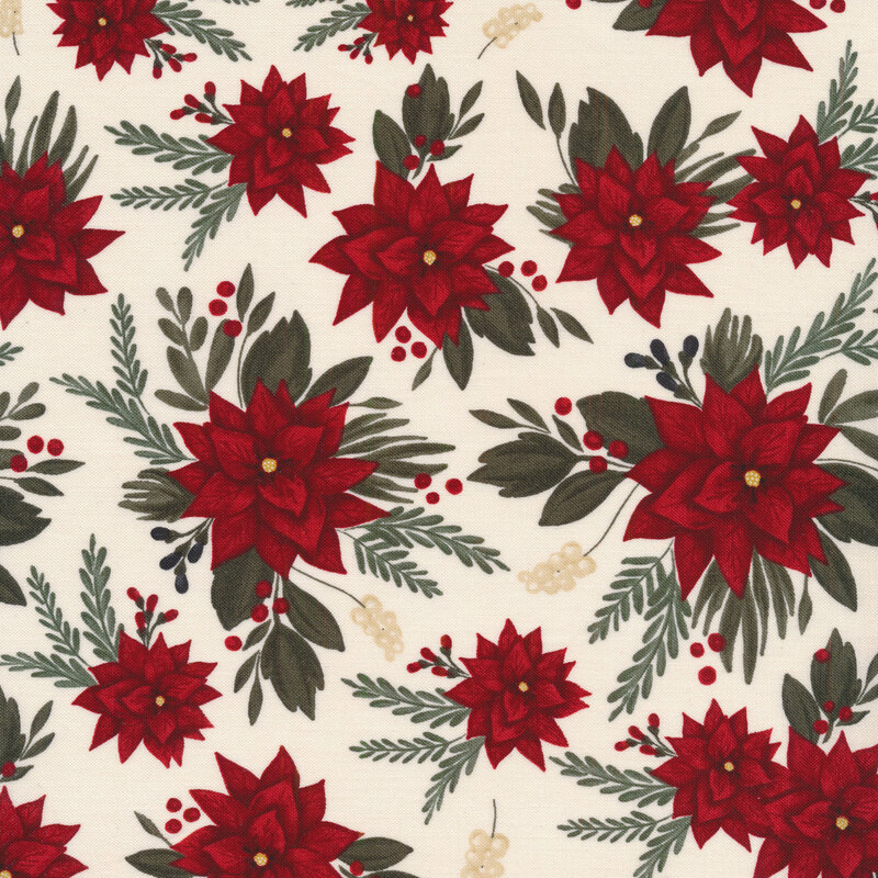Cream fabric features red poinsettias and berries | Shabby Fabrics