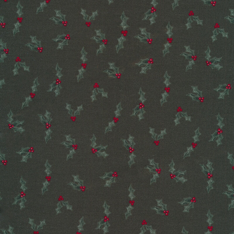 Dark green fabric features tossed holly and berries pattern | Shabby Fabrics