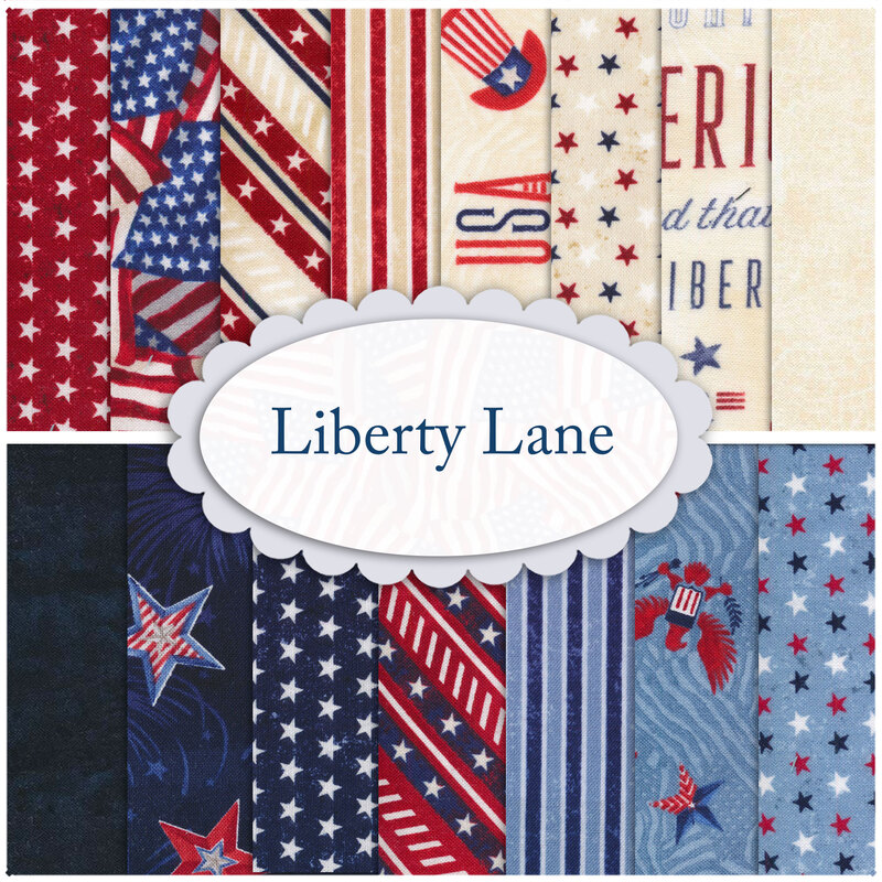 A collage of fabrics included in the Liberty Lane fabric collection