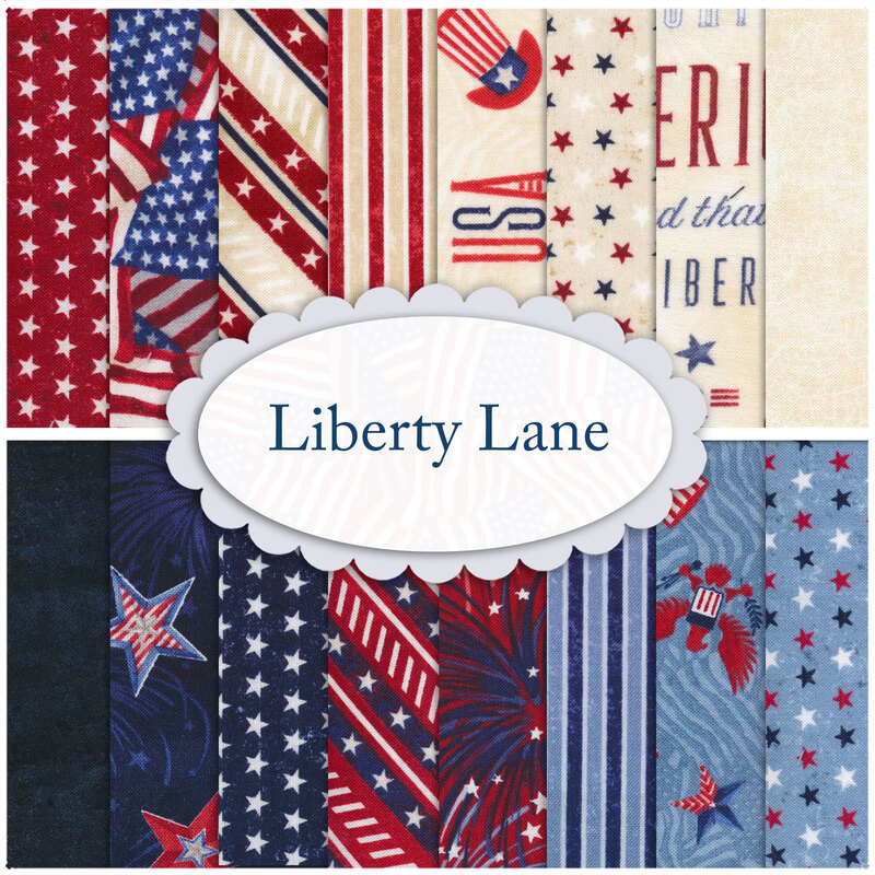 A collage of fabrics included in the Liberty Lane fabric collection