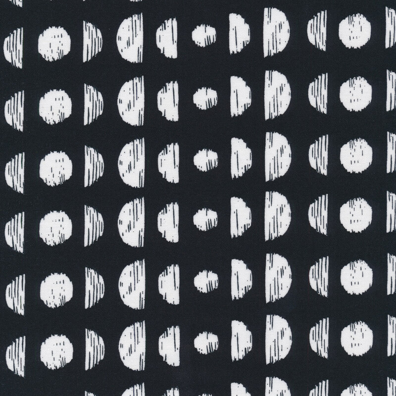 White circles and half circle design on black | Shabby Fabrics