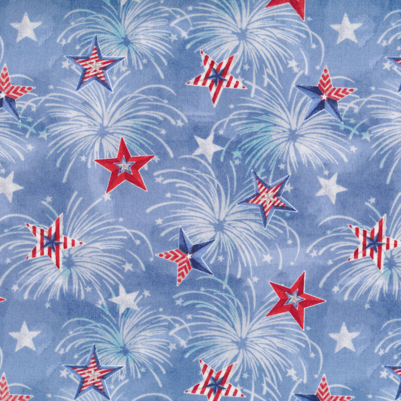 Light blue fireworks on a light blue background with red, white, and blue stars all over