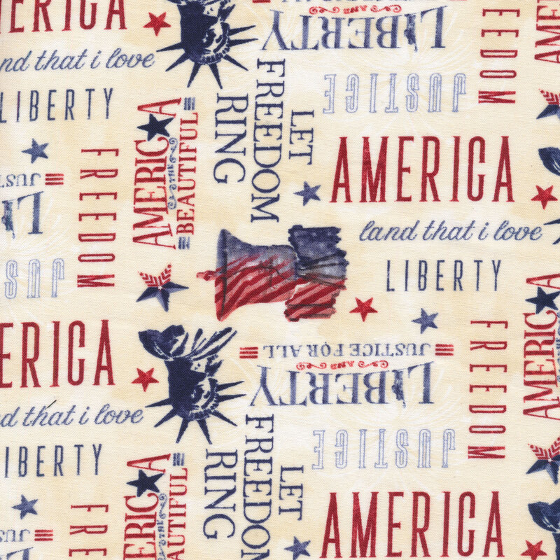 White mottled fabrics with patriotic sayings, the Liberty Bell, and the Statue of Liberty