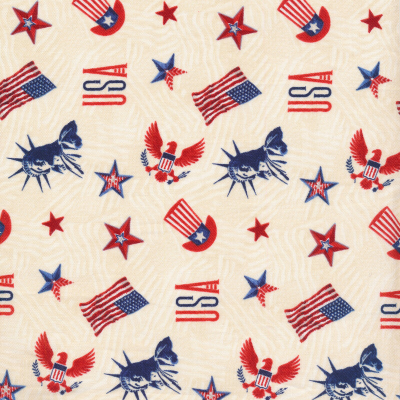 Tossed stars, Statues of Liberty, American eagles, and top hats on a white background