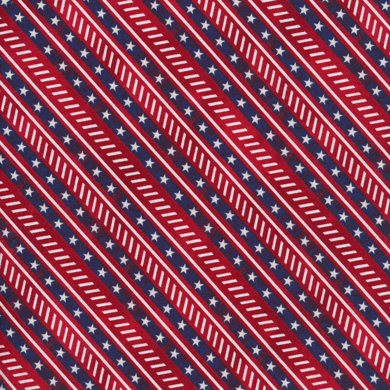 Red and blue diagonal stripes with small white stars