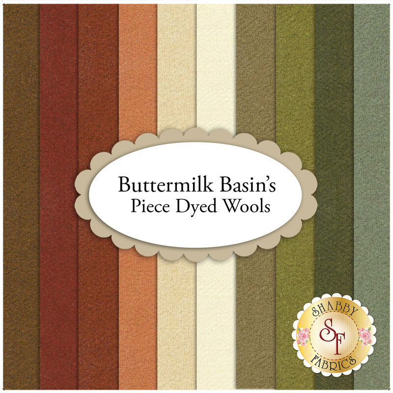 Collage of fabrics included in the Buttermilk Basin's Pieced Dyed Wool precut set