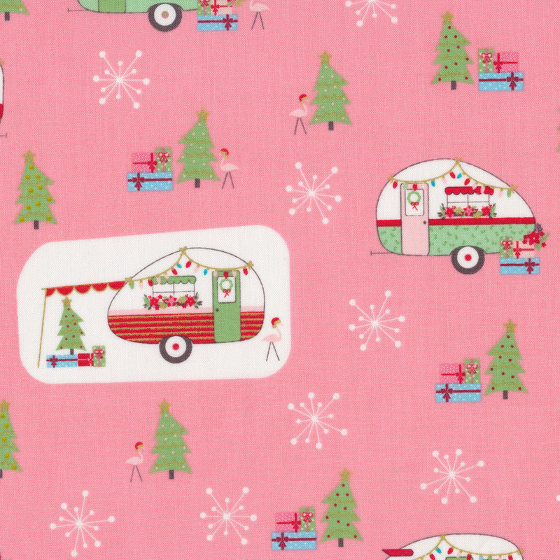 Pink fabric features Christmas scenes of campers pines flamingos | Shabby Fabrics