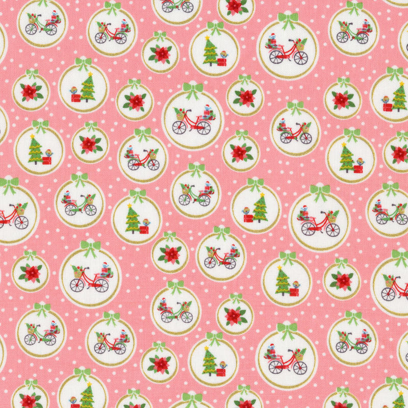 Pink fabric features cream dots and simple Christmas ornaments design | Shabby Fabrics