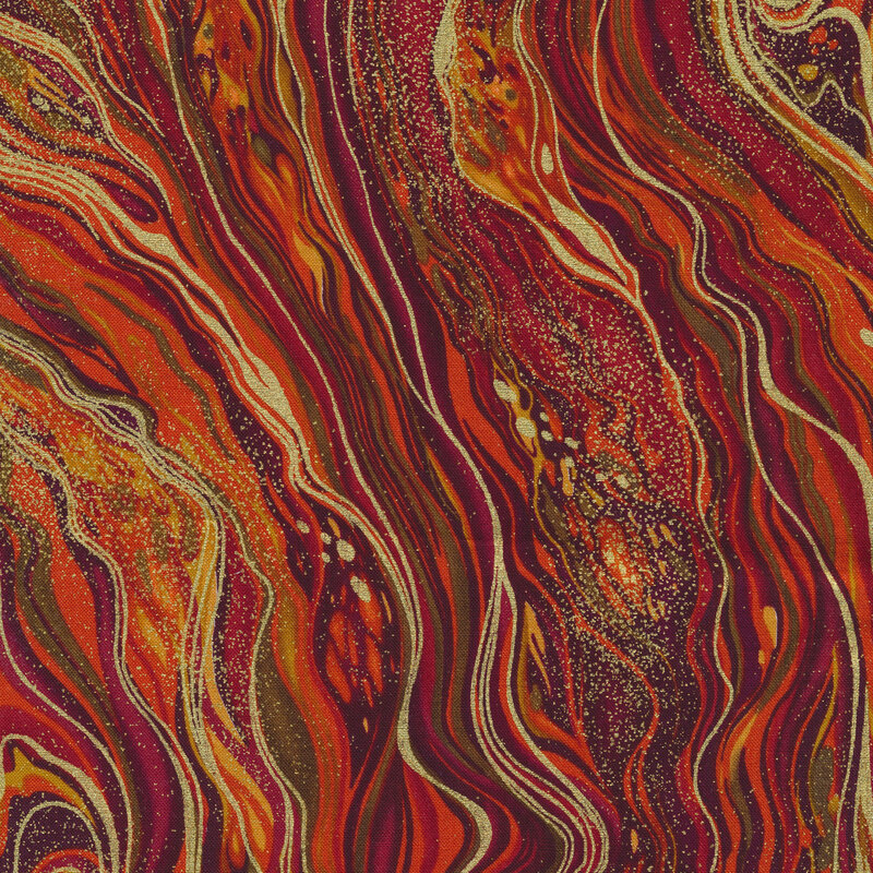 Orange and reddish brown marbled fabric features gold metallic accents | Shabby Fabrics