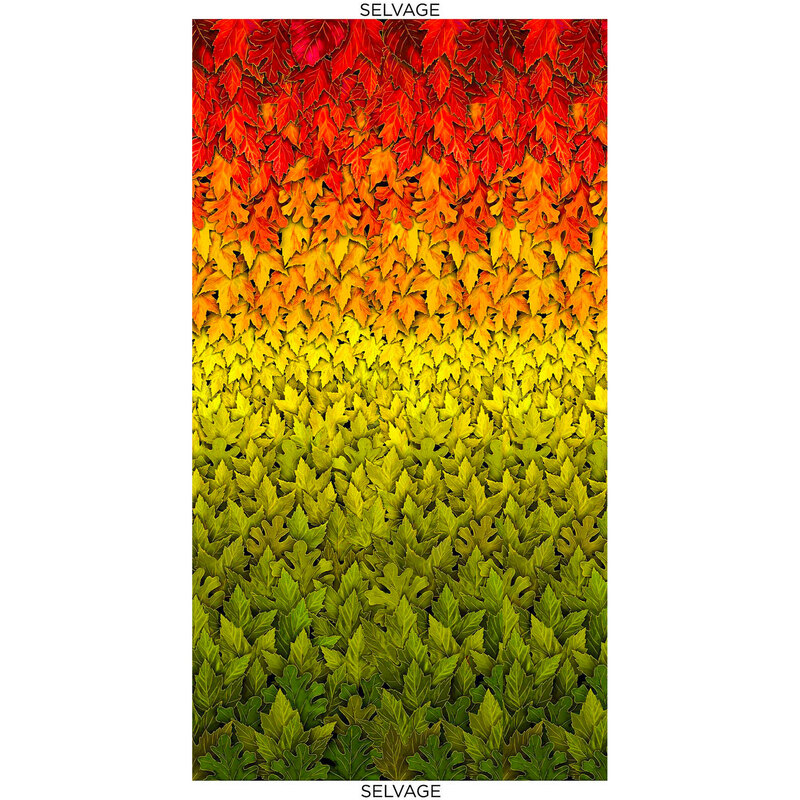 Ombre fabric with fall leaves going from red, to orange, to yellow, and to green