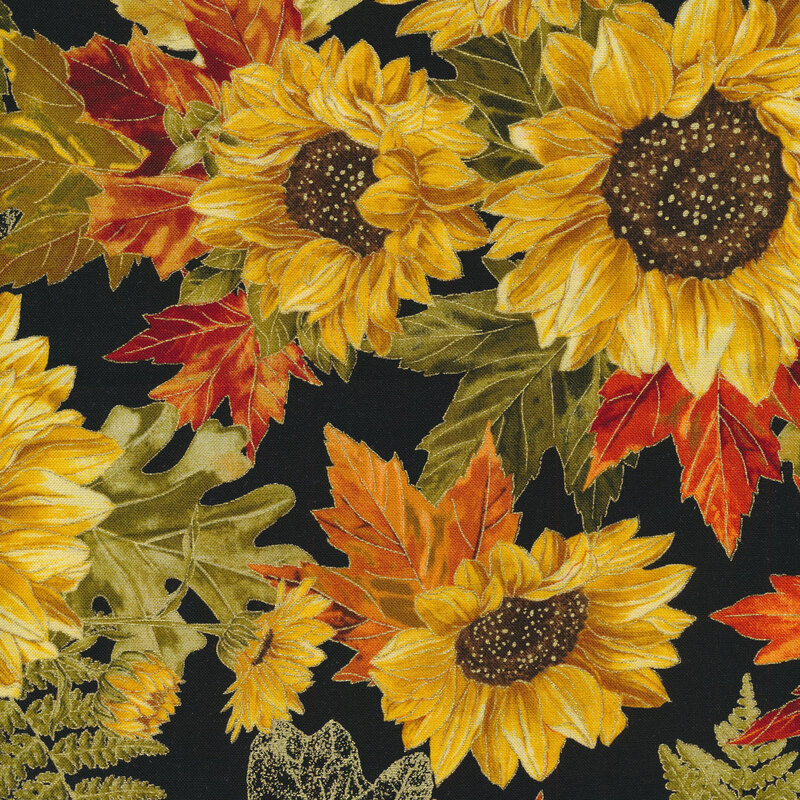Black fabric features orange yellow sunflowers with metallic accents | Shabby Fabrics
