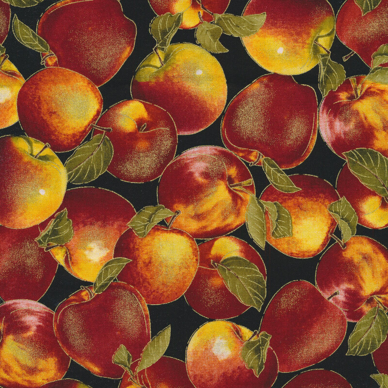 Black fabric features packed red yellow apples with leaves and metallic accents | Shabby Fabrics