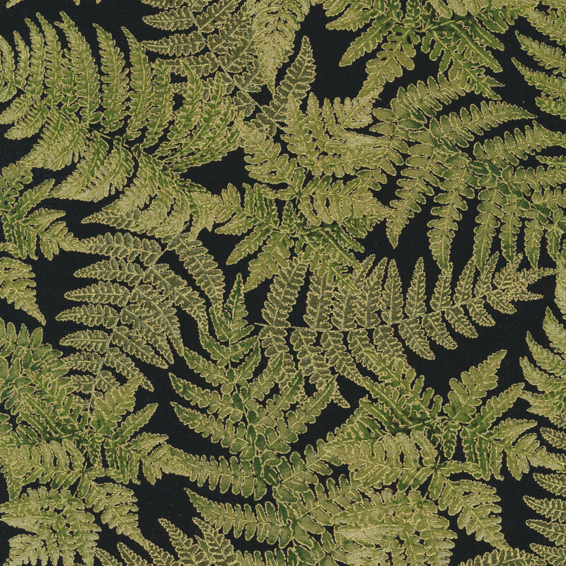 Black fabric features dark green ferns allover with metallic accents | Shabby Fabrics