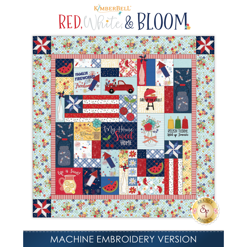The Red, White & Bloom Quilt - Machine Embroidery Version hung from a wall