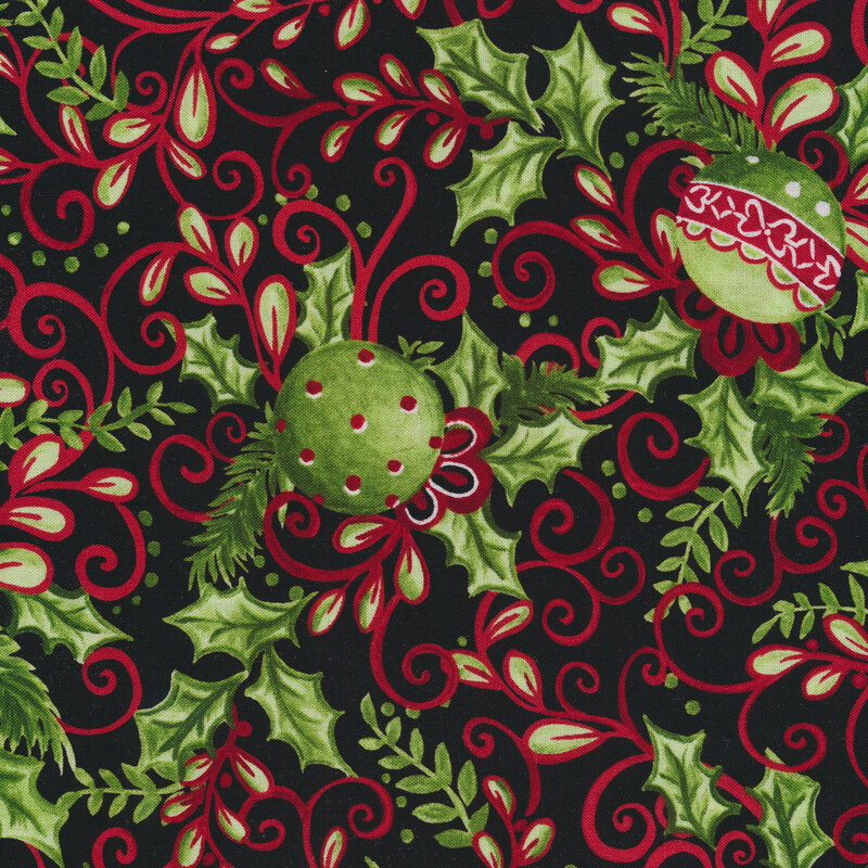 Green holly leaves and ornaments all over a black background