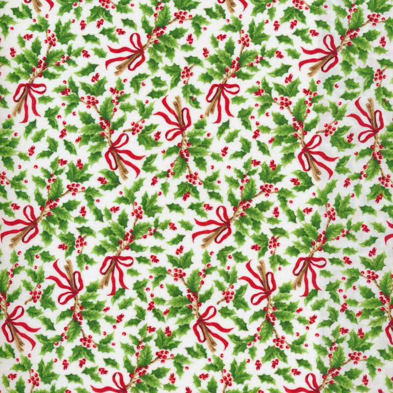 Fabric features holly and berries with red ribbons tossed on a cream background | Shabby Fabrics