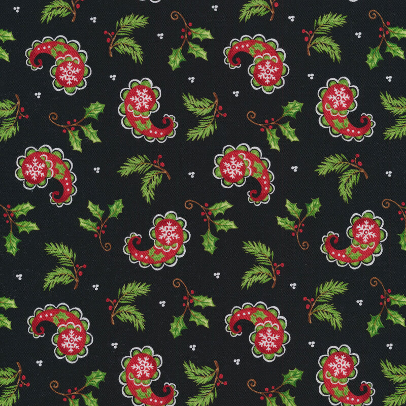 Fabric features holly and berries with red ribbons tossed on a cream background | Shabby Fabrics