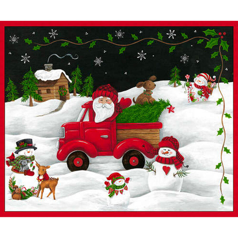 Fabric panel features Santa driving vintage truck in snow | Shabby Fabric