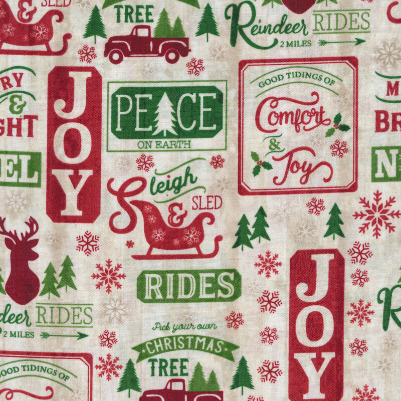 Tonal tan wood textured fabric features vintage style Christmas designs | Shabby Fabrics
