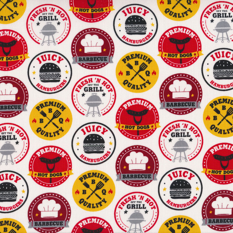 Circular BBQ stamps all over a white background