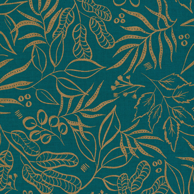Metallic gold leaves all over teal | Shabby Fabrics