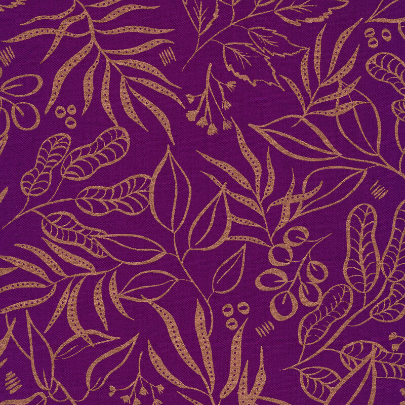 Metallic gold leaves all over purple | Shabby Fabrics
