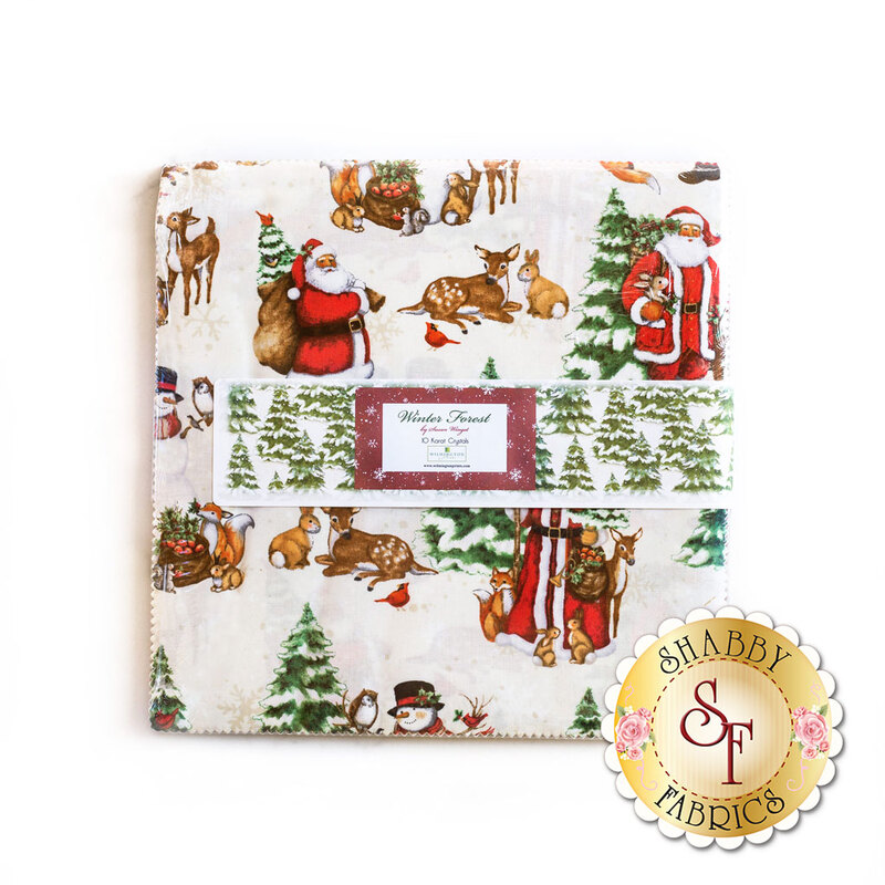 A splayed view of the fabrics in the Winter Forest 10" Squares