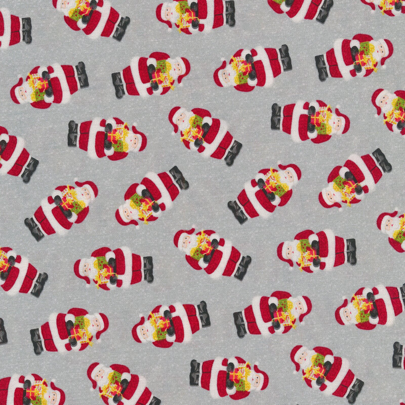 Tossed santas all over a speckled gray fabric | Shabby Fabrics