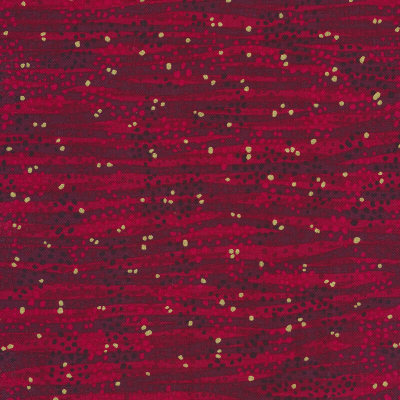 Tonal red fabric features waves and dots design with gold metallic accents | Shabby Fabrics