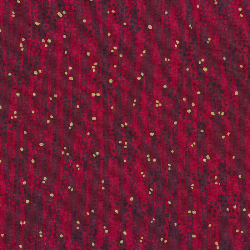 Tonal red fabric features waves and dots design with gold metallic accents | Shabby Fabrics