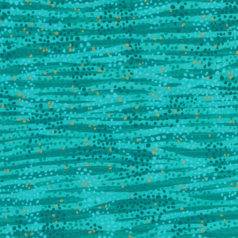 Tonal aqua blue fabric features waves and dots design with gold metallic accents | Shabby Fabrics