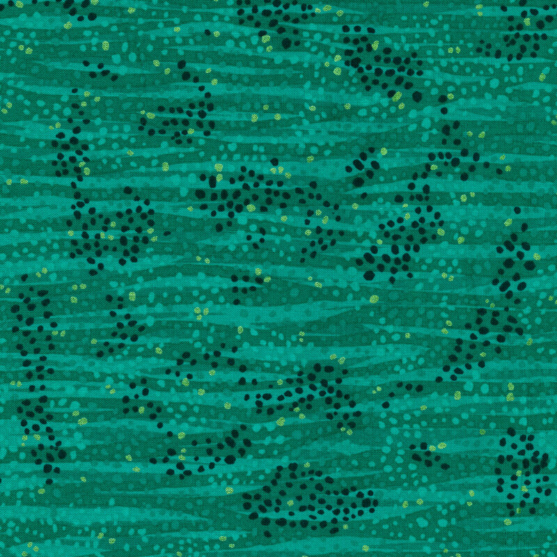 Tonal teal fabric features waves and dots design with gold metallic accents | Shabby Fabrics