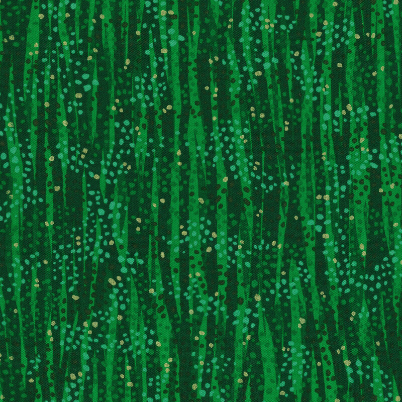 Tonal green fabric features waves and dots design with gold metallic accents | Shabby Fabrics
